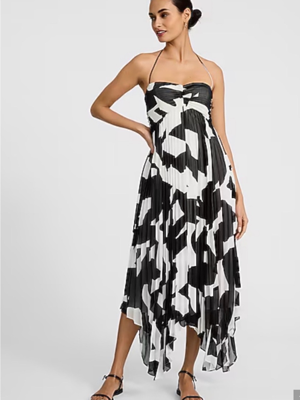 Express Strapless Black and White Pleated Midi Dress handkerchief hem -NWT